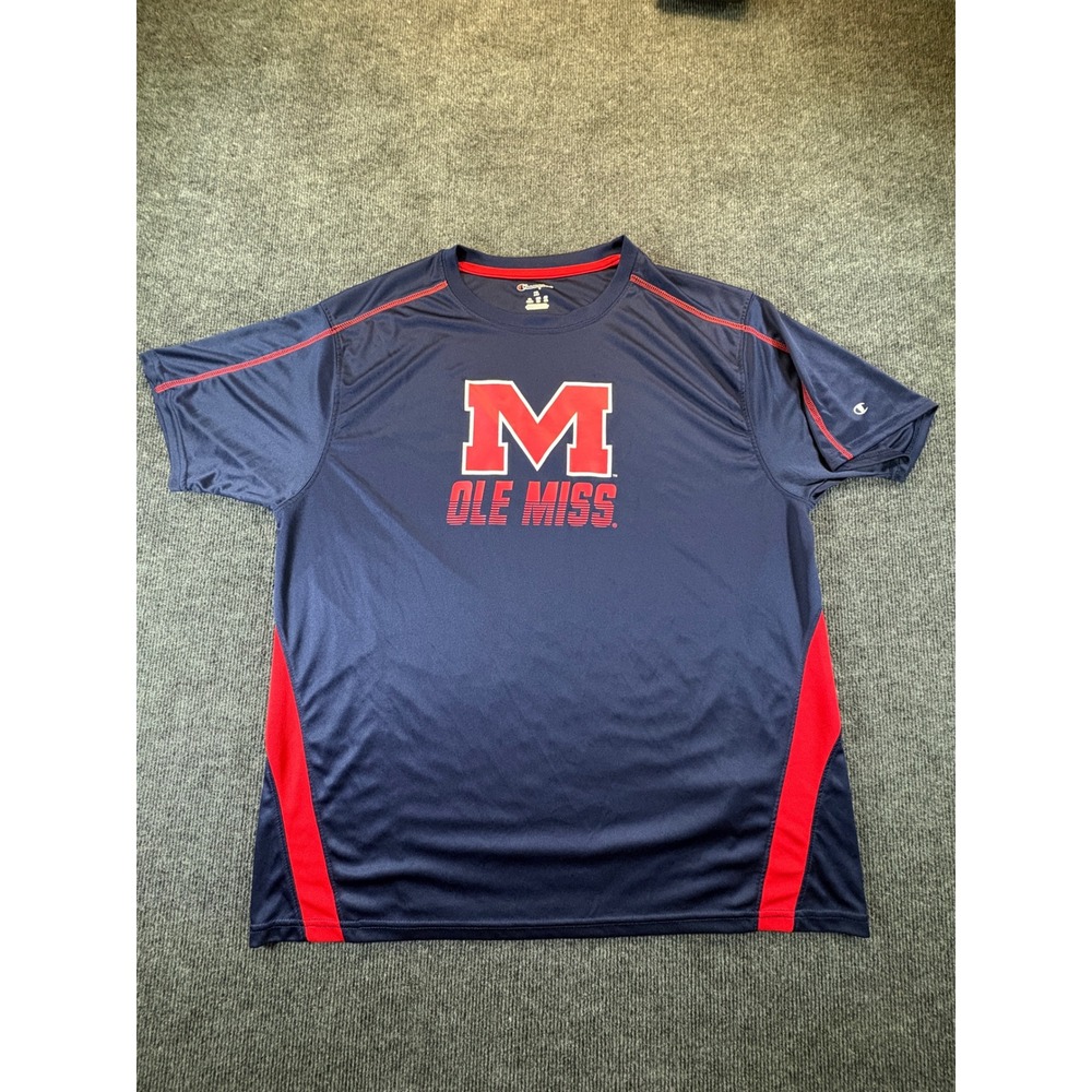 Champion Ole Miss‎ Rebels Mens XL Performance T-Shirt Navy Blue Red Short Sleeve